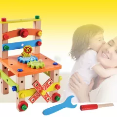 Jucarie din lemn educativa si interactiva, tip scaunel, multifunctional, Montessori, asociere, invatare prin joaca