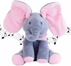 Jucarii interactive - Jucarie interactiva elefant, peek a boo, canta si vorbeste, limba engleza, roz, buz.ro
