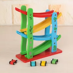 Jucarii 3+ - Jucarie interactiva si educativa din lemn Montessori, ansamblu cu masinute de raliu, cu 4 etaje, buz.ro