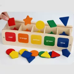 Jucarii 3+ - Jucarii Montessori sortator pentru copii, 35 piese din lemn natural eco, puzzle, forme geometrice, 5 coloane de sortare a culorii, buz.ro
