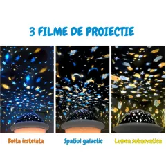 Lampa de veghe constelatii tip ozn, pentru copii, 3 culori, lumina reglabila, 3 filme de proiectie, alb