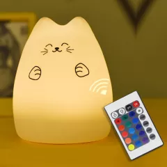 Lampa de veghe portabila cu 7 culori de LEDuri, silicon BPA-free, USB, touch-control, temporizator, lampa de noapte pisicuta fericita