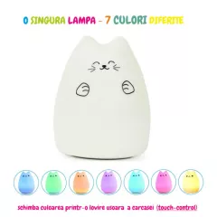 Lampi de veghe - Lampa de veghe portabila cu 7 culori de LEDuri, silicon BPA-free, USB, touch-control, temporizator, lampa de noapte pisicuta fericita, buz.ro
