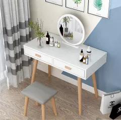 Masuta de toaleta cu oglinda statie de machiaj si taburet, 2 sertare, design vintage, alb