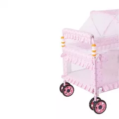 Patut bebe, pentru bebelusi, copii, portabil, pe roti, cu plasa tantari, roz, buz