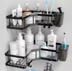 Organizatoare/Etajere - Raft de dus tip etajera colt organizator baie, din otel inoxidabil, set 2 buc, negru, buz.ro