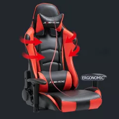 Scaun gaming profesional, ergonomic, cu cadru de otel, din piele sintetica, negru cu rosu