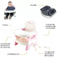 Scaun inaltator de masa, pentru bebe, copii, booster, pliabil si reglabil, roz