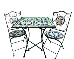 Set 2 scaune si masa din mozaic cu cadru de fier, ceramica, interior/exterior terasa/gradina modern, pliabile, buz