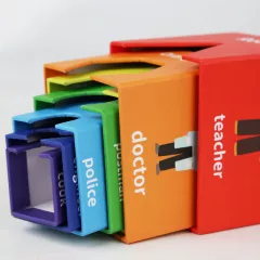 Jucarii 3+ - Set 6 cuburi educative din carton, turn de construit cu forme geometrice, numere si meserii, multicolor, buz, buz.ro