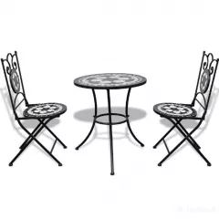 Seturi de gradina - Set bistro masa si 2 scaune din mozaic, cadru de fier, pliabile, pentru interior/exterior, terasa/gradina, alb negru, buz.ro