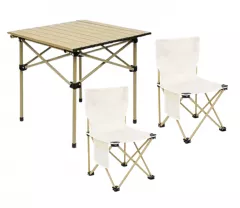 Set camping cu masa si 2 scaune pliabile, cu geanta de transport, aluminiu, aurie, 53x51x50 cm