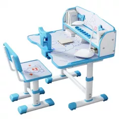 Mama si copilul - Set de masa si scaun pentru copii, ajustabile, cu lampa inclusa, compartimentat, de culoare albastru, LEXI, buz.ro