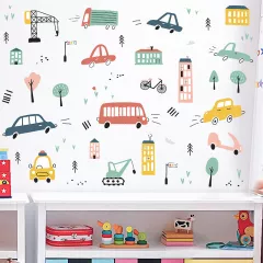 Sticker autocolant de perete pentru camera copilului, masinute, rezistent la zgarieturi si apa, detasabil, 52x70 cm, reutilizabil