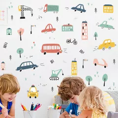Sticker autocolant de perete pentru camera copilului, masinute, rezistent la zgarieturi si apa, detasabil, 52x70 cm, reutilizabil