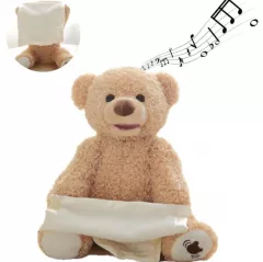 Jucarii muzicale - Ursulet de plus moale interactiv, Cucu-Bau, canta si vorbeste, Peek a boo, crem, 30 cm, buz.ro