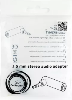 Adaptor audio stereo , Gembird, unghi drept de 90 grade, conectori auriti jack 3.5 mm tata la jack 3.5mm mama, minimizeaza indoirea cablurilor, negru