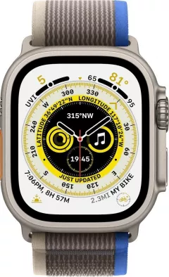 Apple Watch Ultra GPS + Ceas inteligent celular 49 mm Carcasa din titan Trail Loop Mic/Medium Gri Albastru (MNHL3WB/A)