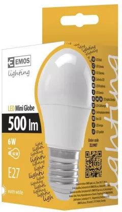 Bec LED ZL3907, lumina calda 3000K, 6W, 500lm, miniglob, E27, 20000 h functionare, garantie 2 ani, Emos