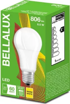 Bec LED BELLALUX A60, E27, 8.5W (60W), 806 lm, temperatura lumina calda (2700K)