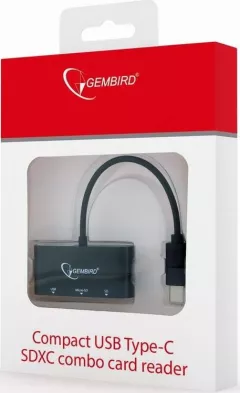 Cititor de carduri Gembird 10079, interfata USB 3.1 tip C tata, citeste si scrie microSD, SDHC, SDXC, iesire USB 2.0 mama, negru