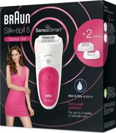 Epilator Braun Silk-épil 5 5-500 SensoSmart™, Wet &amp; Dry, 28 pensete, 2 viteze, Roz/Alb