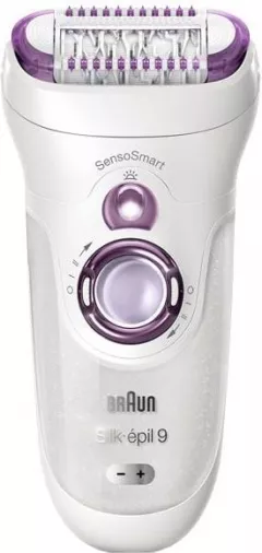 Epilator Braun Silk-épil 9 9/700 SensoSmart™, Micro-Grip, Wet &amp; Dry, 40 pensete, 2 viteze, Saculet pentru voiaj, Alb/Mov