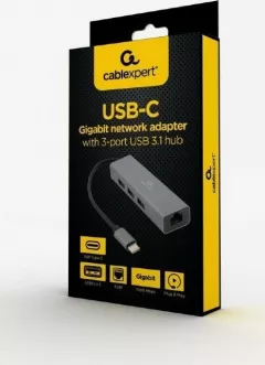 Hub si Adaptor retea USB-C, 3 x USB 3.1, 1 x RJ45 1000 Mbps, Gembird