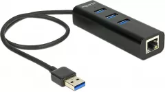 HUB USB 3.0 + 1 x port Gigabit LAN Negru, Delock 62653