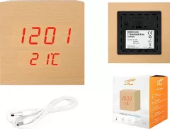LTC LTC, ceas deşteptător cub LED cu termometru, culoare lemn natural.