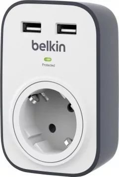 Priza Belkin cu protectie la supratensiune, pana la 306 Joules, indicator LED, 2 porturi USB 2.0, capace de siguranta, alb/gri