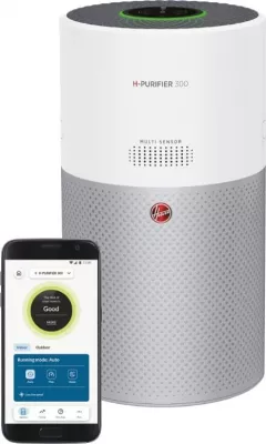 Purificator de aer smart H-PURIFIER 300, Hoover, compativil cu Google Home si Alexa, filtru Hepa, 100 m2, Wi-Fi, alb, 6.3 kg