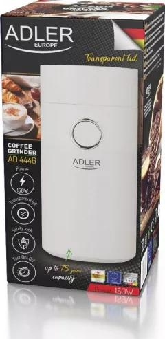 Rasnita de cafea Adler AD 4446ws, 75 g, 150 W, Alb/Argintiu