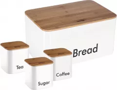 Set cutie pentru paine si 3 recipiente KingHoff KH-1026, capac din bambus, alb