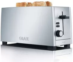 Prajitor de paine Graef, TO100, pentru baghete si felii de paine, capacitate 4 felii, atasament pentru chifle inclus, grad de rumenire ajustabil, functie dezghetare, tavita firimituri detasabila, argintiu