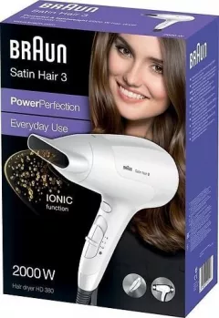 Uscător de păr Braun Satin Hair 3 PowerPerfection HD380, 2000W, 2 trepte,3 nivele,alb,Cu ionizare