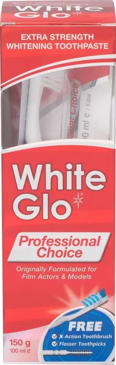 Pachet pasta de dinti cu efect de albire si periuta White Glo Professional Choice, 100ml, 150g