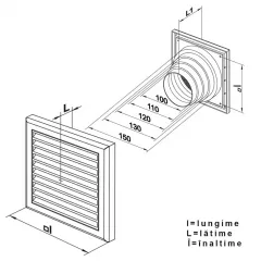 Grila ventilatie cu jaluzea VENTS 187 x 187 mm cu racord &Oslash;100&ndash;110&ndash;120&ndash;150 mm