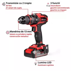 Masini de gaurit si insurubat - Masina de gaurit cu impact fara fir Einhell TE-CD 18/44 Li-i, 18V, cu acumulator 2.5Ah, olint.ro