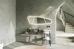 Oglinda baie cu LED Savini Due SPR217, 150 x 42 cm, actionare touch, 3 piese, trapez