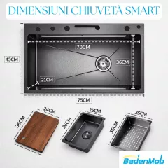 Set chiuveta multifunctionala smart Badenmob, inox negru/gri antracit, afisaj digital, baterie si accesorii incluse, 75 x 46 cm