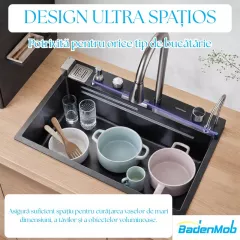 Set chiuveta multifunctionala smart Badenmob, inox negru/gri antracit, afisaj digital, baterie si accesorii incluse, 75 x 46 cm