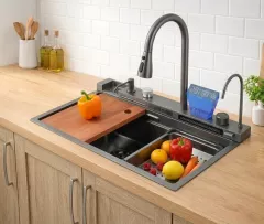 Inox - Set chiuveta multifunctionala smart Badenmob, inox negru/gri antracit, afisaj digital, baterie si accesorii incluse, 75 x 46 cm, olint.ro