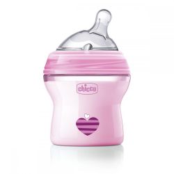 Biberon Chicco Natural Feeling, plastic, roz, 150ml, t.s. inclinata, 0luni+, flux normal, 0%BPA