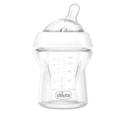 Biberon Chicco Natural Feeling PureGlass, 150ml, tetina silicon, flux normal, 0luni+, 0%BPA