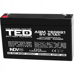Acumulator 6V Stationar VRLA, Dimensiuni 151 x 34 x 95 mm, Baterie 6V 9.1Ah F2, TED Electric TED002990