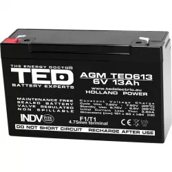 Acumulator 6V Stationar VRLA, Dimensiuni 151 x 50 x 95 mm, Baterie 6V 13Ah F1, TED Electric TED003010