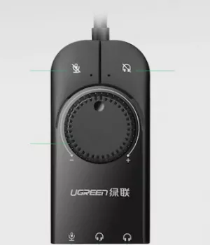 ADAPTOR audio Ugreen, "CM129" convertor stereo USB(T) la 2 x Jack 3.5" sound si 1 x 3.5" mic, control volum si buton mute sound si mic, lungime cablu 15 cm, negru "40964" (include TV 0.06 lei) - 6957303849642