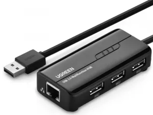 ADAPTOR RETEA Ugreen, "20264" extern, USB 2.0 (T) la port RJ-45 10/100 Mbps, porturi USB: USB 2.0 x 3, LED, negru "20264" (include TV 0.18lei) - 6957303822645