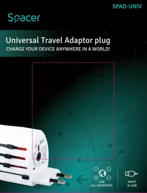 ADAPTOR universal SPACER, pt. calatorii, Schuko x 1, conectare Socket Universal (T), USB x 2,   10 A, alb, "SPAD-UNIV"/45505994 (include TV 0.8lei)